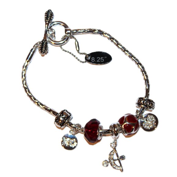 DaVinci Charm Bracelet 8.25" w/ 7 Beads - Valentine's Day Hearts Cupid Red CZ - Picture 2 of 4